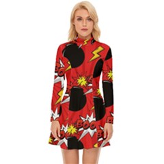 Pop Art Comic Pattern Bomb Boom Explosion Background Long Sleeve Velour Longline Dress by Simbadda