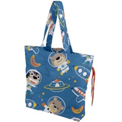 Seamless-pattern-funny-astronaut-outer-space-transportation Drawstring Tote Bag by Simbadda