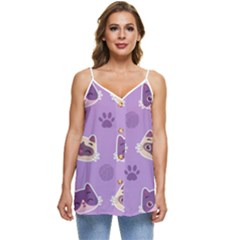 Cute-colorful-cat-kitten-with-paw-yarn-ball-seamless-pattern Casual Spaghetti Strap Chiffon Top