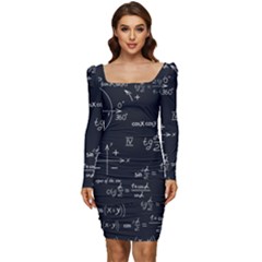 Mathematical-seamless-pattern-with-geometric-shapes-formulas Women Long Sleeve Ruched Stretch Jersey Dress by Simbadda