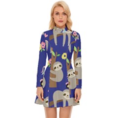 Hand-drawn-cute-sloth-pattern-background Long Sleeve Velour Longline Dress by Simbadda