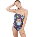 Owl-stars-pattern-background Frilly One Shoulder Swimsuit View1