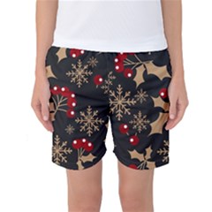 Christmas-pattern-with-snowflakes-berries Women s Basketball Shorts by Simbadda