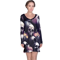 Halloween Party Skulls, Demonic Pumpkins Pattern Long Sleeve Nightdress by Casemiro