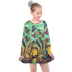 Monkey Tiger Bird Parrot Forest Jungle Style Kids  Long Sleeve Dress