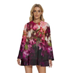 Pink Flower Round Neck Long Sleeve Bohemian Style Chiffon Mini Dress