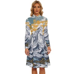 Nature Mountains Landscape Forest Long Sleeve Shirt Collar A-line Dress