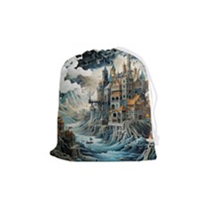 Castle Storm Sea Drawstring Pouch (medium) by pakminggu