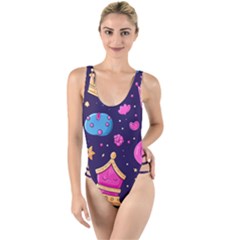 Pattern Royal Crowns High Leg Strappy Swimsuit