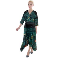 Night Black City Neon Sky Stars Moon Abstract Quarter Sleeve Wrap Front Maxi Dress by Cowasu