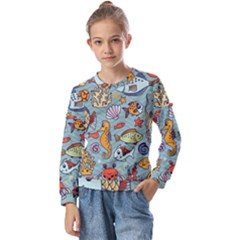 Cartoon Underwater Seamless Pattern With Crab Fish Seahorse Coral Marine Elements Kids  Long Sleeve T-shirt With Frill 