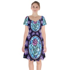 Cathedral Rosette Stained Glass Beauty And The Beast Short Sleeve Bardot Dress by Cowasu