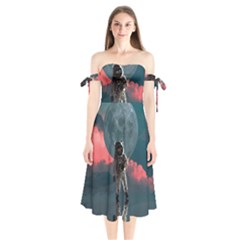 Astronaut-moon-space-nasa-planet Shoulder Tie Bardot Midi Dress by Cowasu