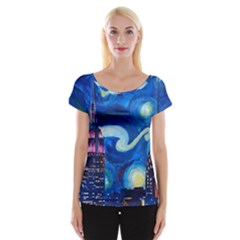 Starry Night In New York Van Gogh Manhattan Chrysler Building And Empire State Building Cap Sleeve Top by Sarkoni