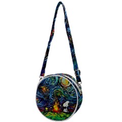 Dog Cartoon Starry Night Print Van Gogh Parody Crossbody Circle Bag by Sarkoni