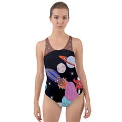 Girl Bed Space Planet Spaceship Cut-out Back One Piece Swimsuit