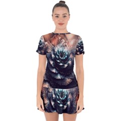 Blue And Brown Flower 3d Abstract Fractal Drop Hem Mini Chiffon Dress by Bedest