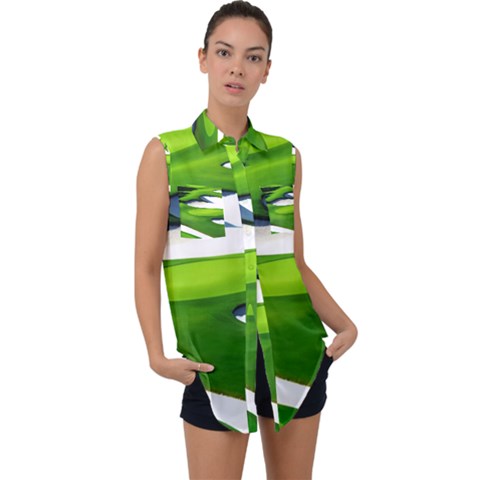 Golf Course Par Green Sleeveless Chiffon Button Shirt by Sarkoni