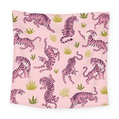 Pink Tigers And Tropical Leaves Patern Square Tapestry (large) by Sarkoni