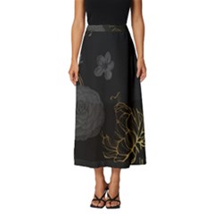 Dark And Gold Flower Patterned Classic Midi Chiffon Skirt