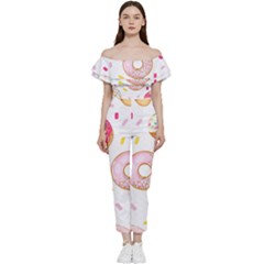 Vector Donut Seamless Pattern Bardot Ruffle Jumpsuit by Grandong