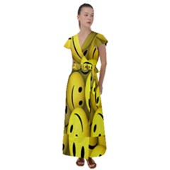 Emoji, Colour, Faces, Smile, Wallpaper Flutter Sleeve Maxi Dress