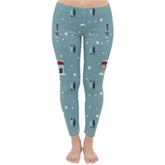 Seamless Pattern With Festive Christmas Houses Trees In Snow And Snowflakes Classic Winter Leggings by Grandong