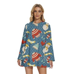 Winter Blue Christmas Snowman Pattern Round Neck Long Sleeve Bohemian Style Chiffon Mini Dress