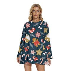 New Year Christmas Winter Pattern Round Neck Long Sleeve Bohemian Style Chiffon Mini Dress