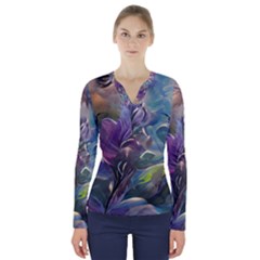 Abstract Blossoms  V-neck Long Sleeve Top by Internationalstore