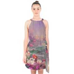 Abstract Flowers  Halter Collar Waist Tie Chiffon Dress by Internationalstore