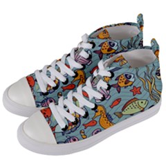 Cartoon Underwater Seamless Pattern With Crab Fish Seahorse Coral Marine Elements Women s Mid-top Canvas Sneakers by uniart180623