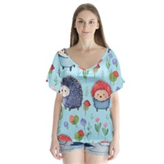 Hedgehogs Animal V-neck Flutter Sleeve Top by Pakjumat