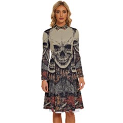 Gray And Multicolored Skeleton Illustration Long Sleeve Shirt Collar A-line Dress