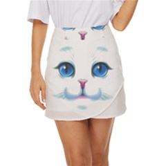 Cute White Cat Blue Eyes Face Mini Front Wrap Skirt by Ket1n9