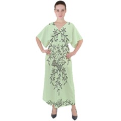 Illustration Of Butterflies And Flowers Ornament On Green Background V-neck Boho Style Maxi Dress by Ket1n9