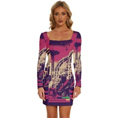 Pink City Retro Vintage Futurism Art Long Sleeve Square Neck Bodycon Velvet Dress