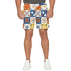 Mexican-talavera-pattern-ceramic-tiles-with-flower-leaves-bird-ornaments-traditional-majolica-style- Men s Runner Shorts by Ket1n9