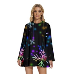 Snowflakes Snow Winter Christmas Round Neck Long Sleeve Bohemian Style Chiffon Mini Dress