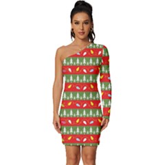 Christmas-papers-red-and-green Long Sleeve One Shoulder Mini Dress by Grandong