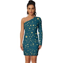 Star Golden Pattern Christmas Design White Gold Long Sleeve One Shoulder Mini Dress by Vaneshop