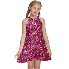 Pink Glitter Kids  Halter Collar Waist Tie Chiffon Dress