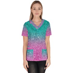 Pink And Turquoise Glitter Women s V-neck Scrub Top by Sarkoni