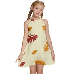 Leaves Autumn Fall Background Kids  Halter Collar Waist Tie Chiffon Dress