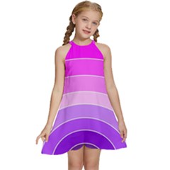 Pink Rainbow Purple Design Pattern Kids  Halter Collar Waist Tie Chiffon Dress