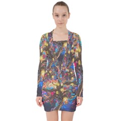 Psychedelic Tree Abstract Psicodelia V-neck Bodycon Long Sleeve Dress by Modalart