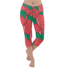 Texture Sweet Strawberry Dessert Food Summer Pattern Lightweight Velour Capri Yoga Leggings by Sarkoni