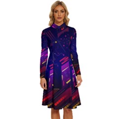 Vector Design Gamming Sytle Retro Art Pattern Long Sleeve Shirt Collar A-line Dress