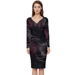 Universal Balance Moon Abstract Star Sun Universe Long Sleeve V-neck Bodycon Dress  by Modalart