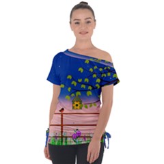 Vector Graphic Illustration Wallpaper Off Shoulder Tie-up T-shirt